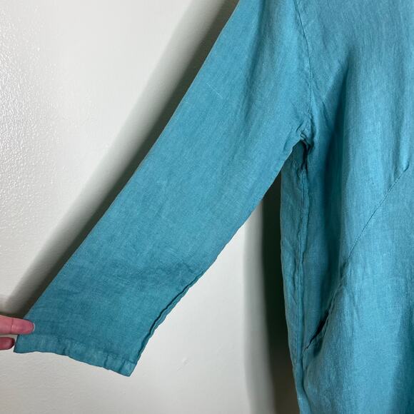 Kaktus Linen Shirt Dress w Pockets Medium Blue Half Button Lagenlook Minimalist - Picture 6 of 8